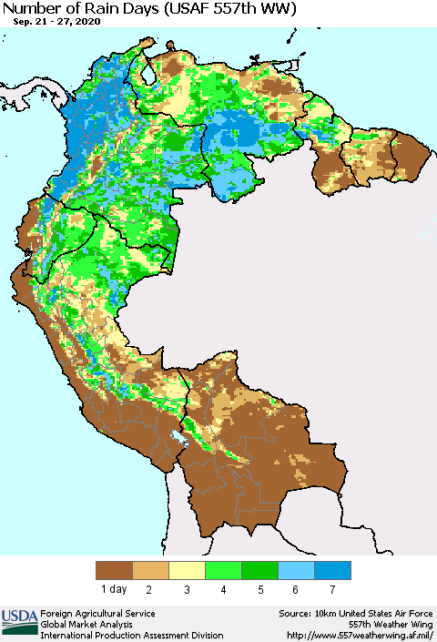 Northern South America Number of Rain Days (USAF 557th WW) Thematic Map For 9/21/2020 - 9/27/2020