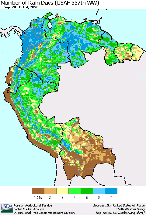 Northern South America Number of Rain Days (USAF 557th WW) Thematic Map For 9/28/2020 - 10/4/2020