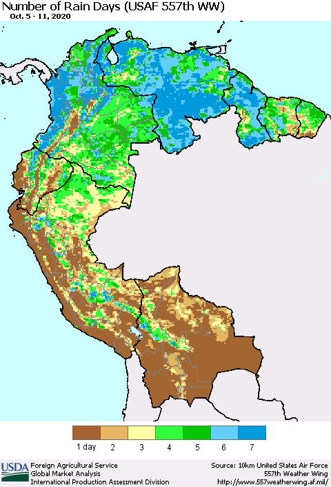 Northern South America Number of Rain Days (USAF 557th WW) Thematic Map For 10/5/2020 - 10/11/2020