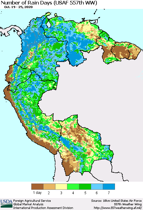 Northern South America Number of Rain Days (USAF 557th WW) Thematic Map For 10/19/2020 - 10/25/2020