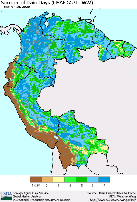 Northern South America Number of Rain Days (USAF 557th WW) Thematic Map For 11/9/2020 - 11/15/2020