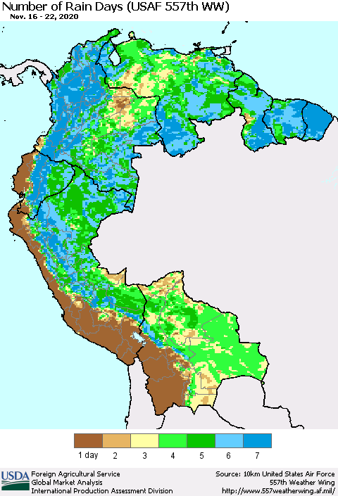 Northern South America Number of Rain Days (USAF 557th WW) Thematic Map For 11/16/2020 - 11/22/2020