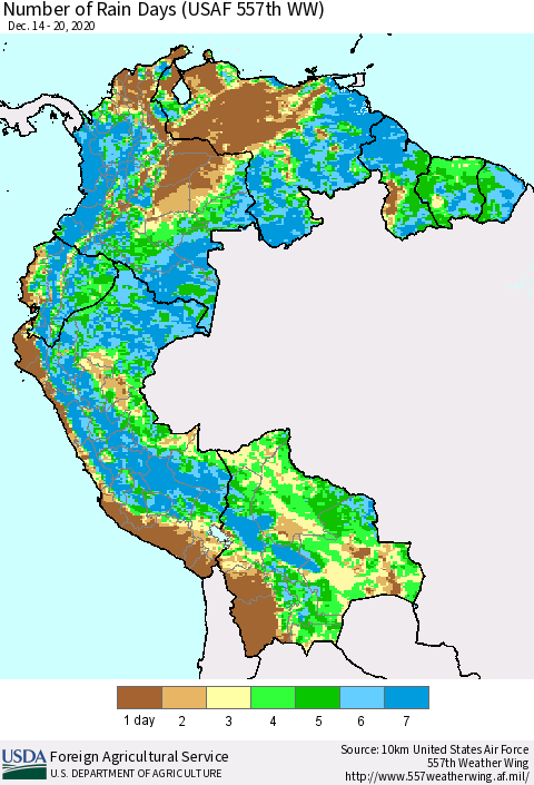 Northern South America Number of Rain Days (USAF 557th WW) Thematic Map For 12/14/2020 - 12/20/2020