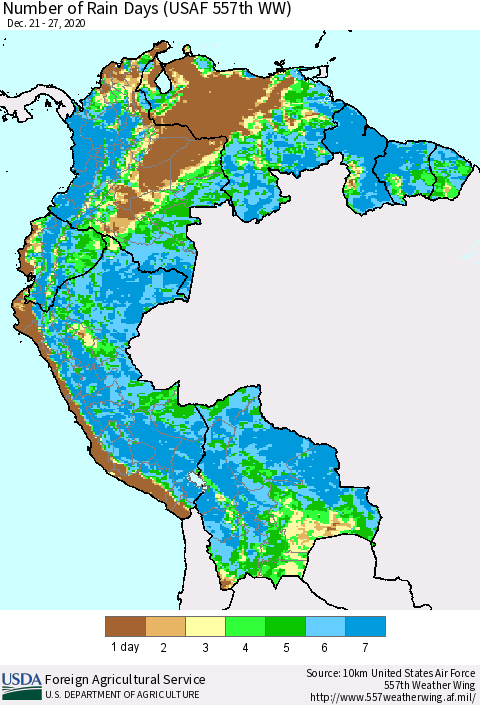 Northern South America Number of Rain Days (USAF 557th WW) Thematic Map For 12/21/2020 - 12/27/2020