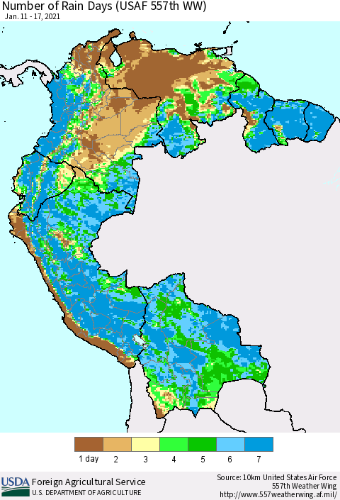 Northern South America Number of Rain Days (USAF 557th WW) Thematic Map For 1/11/2021 - 1/17/2021