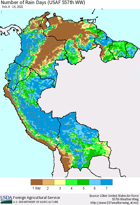 Northern South America Number of Rain Days (USAF 557th WW) Thematic Map For 2/8/2021 - 2/14/2021