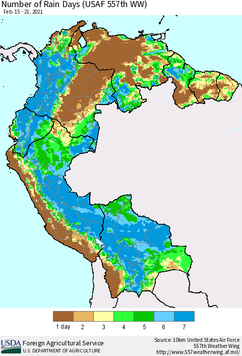 Northern South America Number of Rain Days (USAF 557th WW) Thematic Map For 2/15/2021 - 2/21/2021