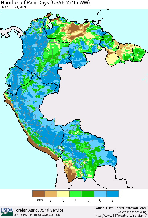 Northern South America Number of Rain Days (USAF 557th WW) Thematic Map For 3/15/2021 - 3/21/2021