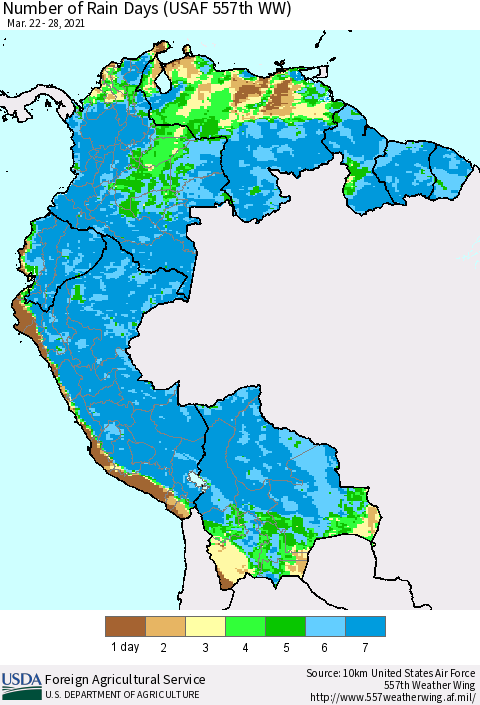 Northern South America Number of Rain Days (USAF 557th WW) Thematic Map For 3/22/2021 - 3/28/2021