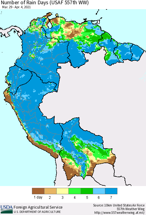 Northern South America Number of Rain Days (USAF 557th WW) Thematic Map For 3/29/2021 - 4/4/2021