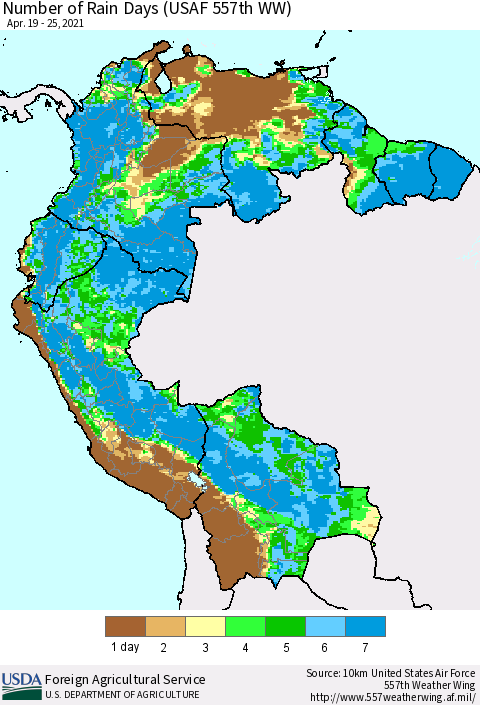 Northern South America Number of Rain Days (USAF 557th WW) Thematic Map For 4/19/2021 - 4/25/2021