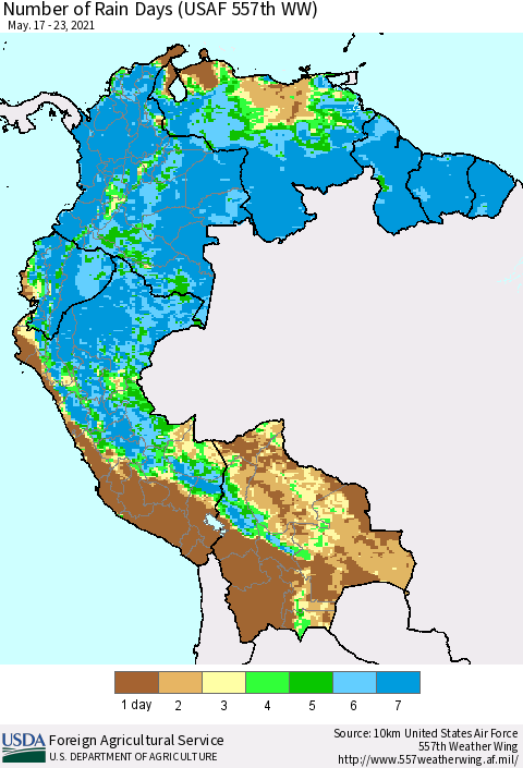 Northern South America Number of Rain Days (USAF 557th WW) Thematic Map For 5/17/2021 - 5/23/2021