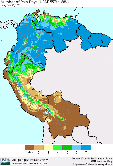 Northern South America Number of Rain Days (USAF 557th WW) Thematic Map For 5/24/2021 - 5/30/2021