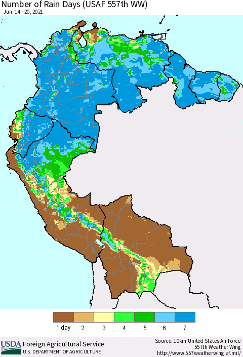 Northern South America Number of Rain Days (USAF 557th WW) Thematic Map For 6/14/2021 - 6/20/2021