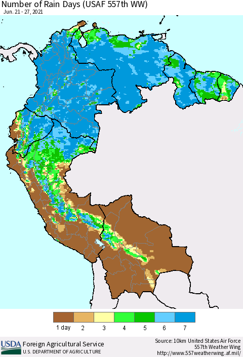 Northern South America Number of Rain Days (USAF 557th WW) Thematic Map For 6/21/2021 - 6/27/2021