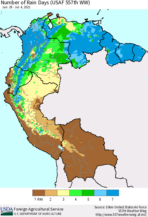 Northern South America Number of Rain Days (USAF 557th WW) Thematic Map For 6/28/2021 - 7/4/2021