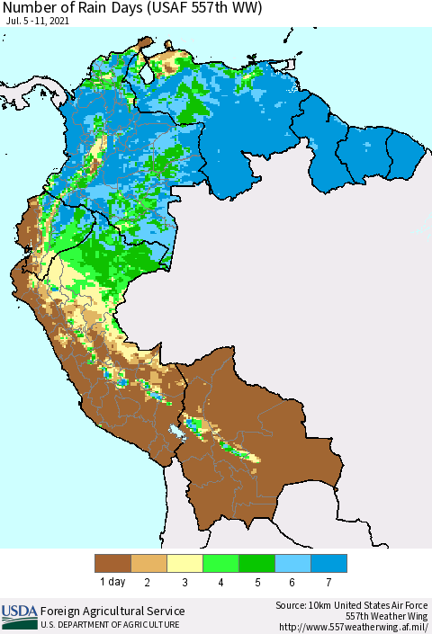 Northern South America Number of Rain Days (USAF 557th WW) Thematic Map For 7/5/2021 - 7/11/2021