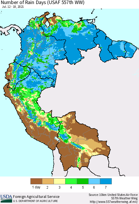 Northern South America Number of Rain Days (USAF 557th WW) Thematic Map For 7/12/2021 - 7/18/2021
