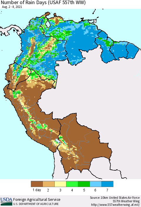 Northern South America Number of Rain Days (USAF 557th WW) Thematic Map For 8/2/2021 - 8/8/2021