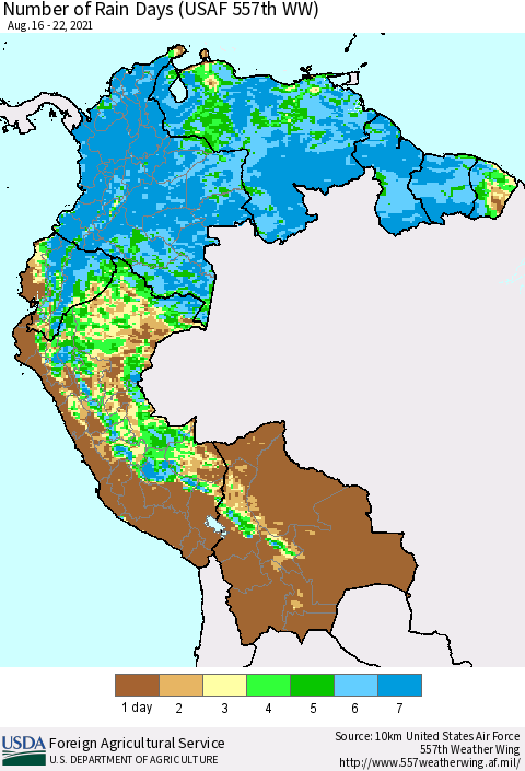 Northern South America Number of Rain Days (USAF 557th WW) Thematic Map For 8/16/2021 - 8/22/2021