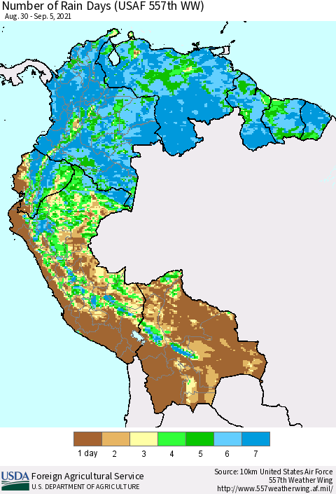 Northern South America Number of Rain Days (USAF 557th WW) Thematic Map For 8/30/2021 - 9/5/2021