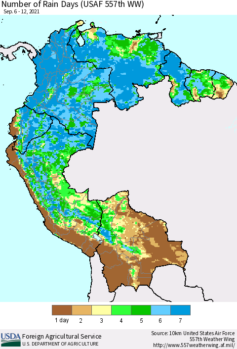 Northern South America Number of Rain Days (USAF 557th WW) Thematic Map For 9/6/2021 - 9/12/2021