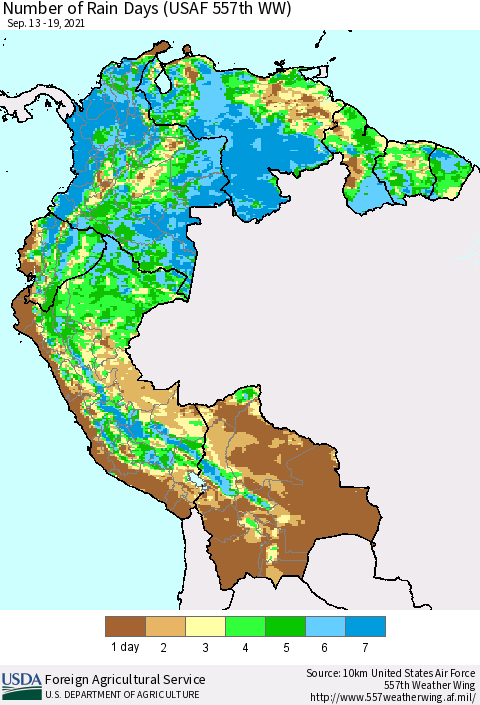 Northern South America Number of Rain Days (USAF 557th WW) Thematic Map For 9/13/2021 - 9/19/2021