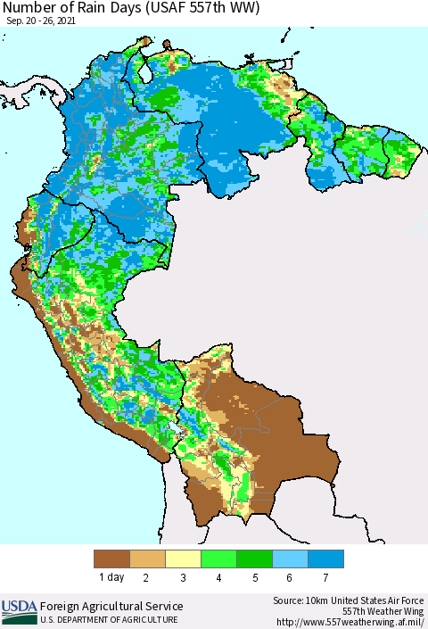 Northern South America Number of Rain Days (USAF 557th WW) Thematic Map For 9/20/2021 - 9/26/2021