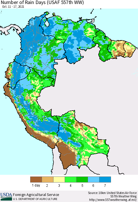 Northern South America Number of Rain Days (USAF 557th WW) Thematic Map For 10/11/2021 - 10/17/2021