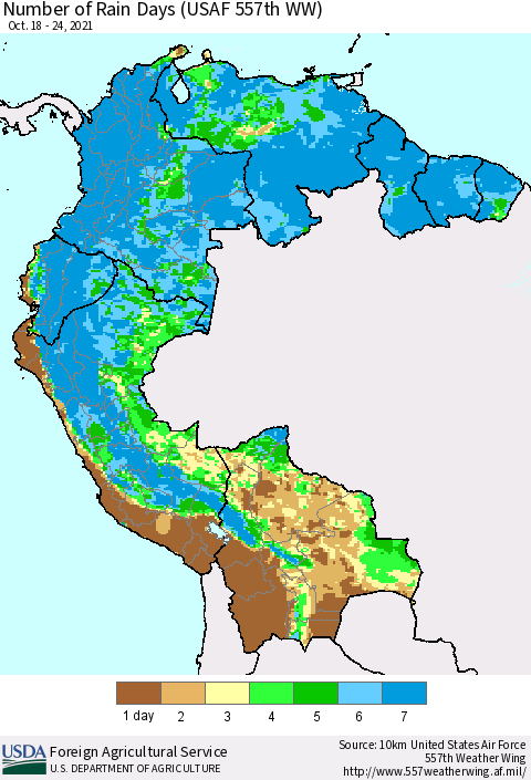 Northern South America Number of Rain Days (USAF 557th WW) Thematic Map For 10/18/2021 - 10/24/2021