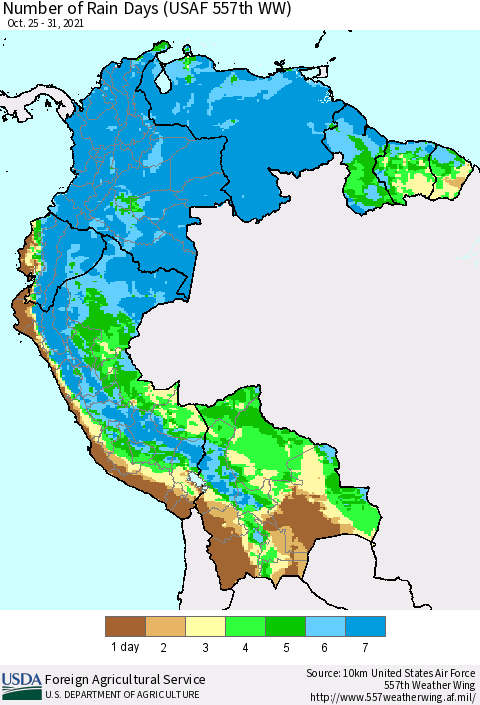 Northern South America Number of Rain Days (USAF 557th WW) Thematic Map For 10/25/2021 - 10/31/2021