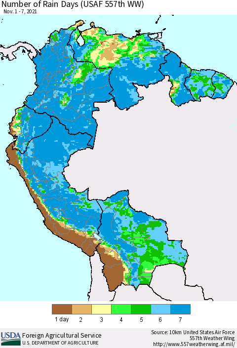 Northern South America Number of Rain Days (USAF 557th WW) Thematic Map For 11/1/2021 - 11/7/2021