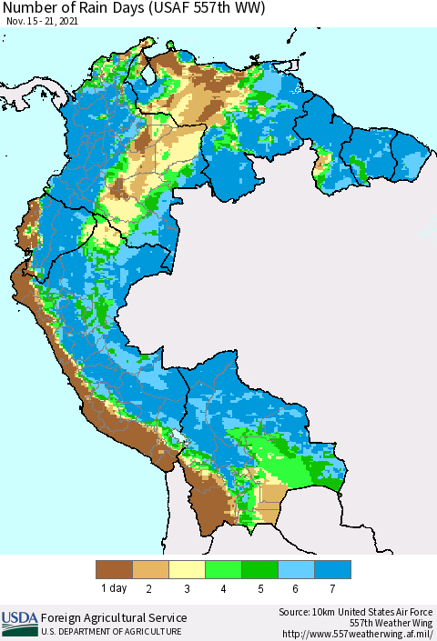 Northern South America Number of Rain Days (USAF 557th WW) Thematic Map For 11/15/2021 - 11/21/2021