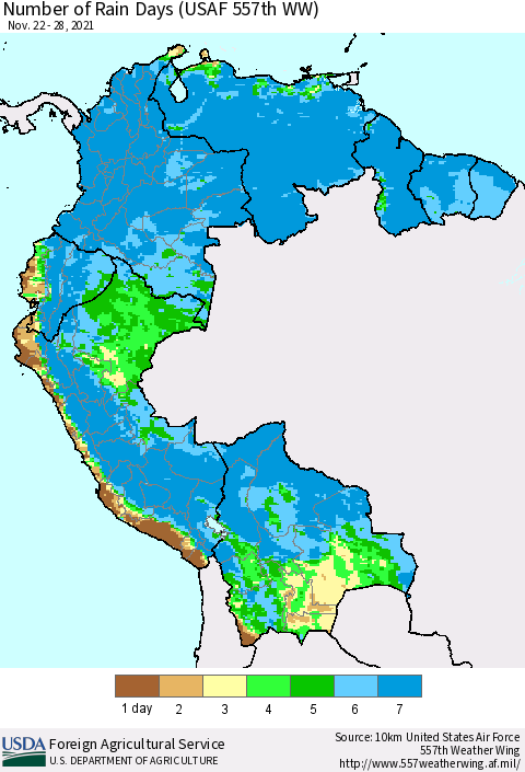 Northern South America Number of Rain Days (USAF 557th WW) Thematic Map For 11/22/2021 - 11/28/2021