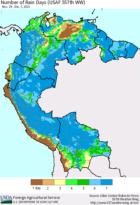 Northern South America Number of Rain Days (USAF 557th WW) Thematic Map For 11/29/2021 - 12/5/2021