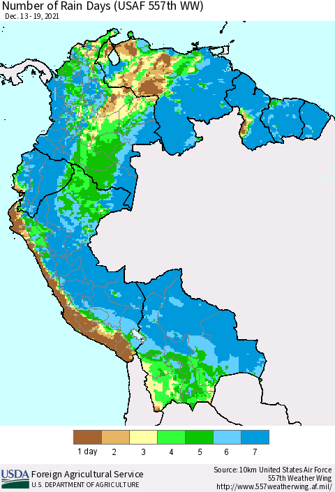 Northern South America Number of Rain Days (USAF 557th WW) Thematic Map For 12/13/2021 - 12/19/2021