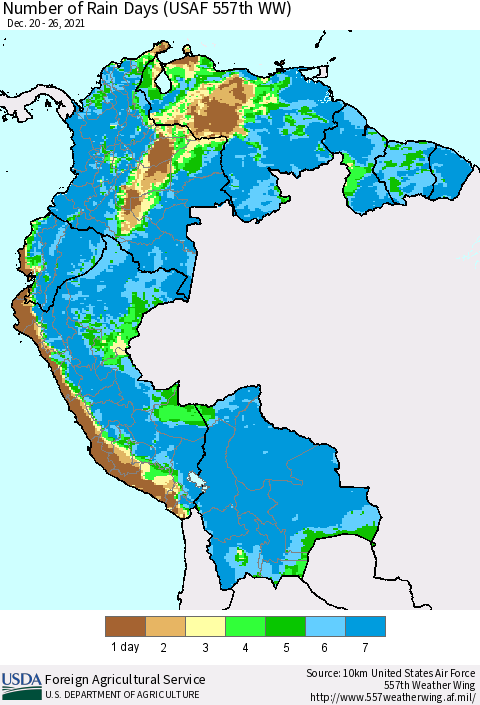 Northern South America Number of Rain Days (USAF 557th WW) Thematic Map For 12/20/2021 - 12/26/2021