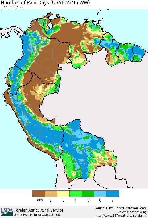 Northern South America Number of Rain Days (USAF 557th WW) Thematic Map For 1/3/2022 - 1/9/2022
