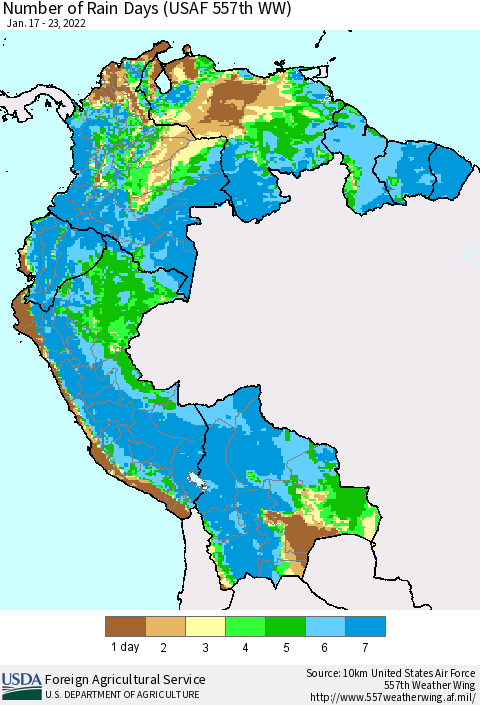 Northern South America Number of Rain Days (USAF 557th WW) Thematic Map For 1/17/2022 - 1/23/2022
