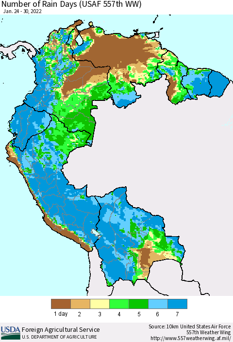 Northern South America Number of Rain Days (USAF 557th WW) Thematic Map For 1/24/2022 - 1/30/2022