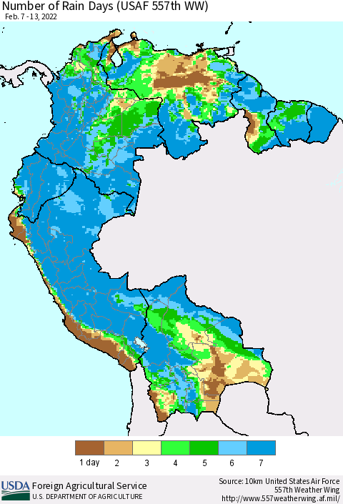 Northern South America Number of Rain Days (USAF 557th WW) Thematic Map For 2/7/2022 - 2/13/2022