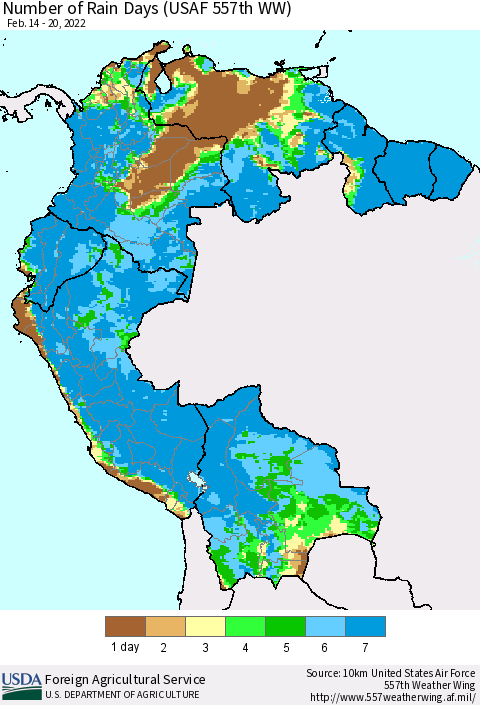Northern South America Number of Rain Days (USAF 557th WW) Thematic Map For 2/14/2022 - 2/20/2022