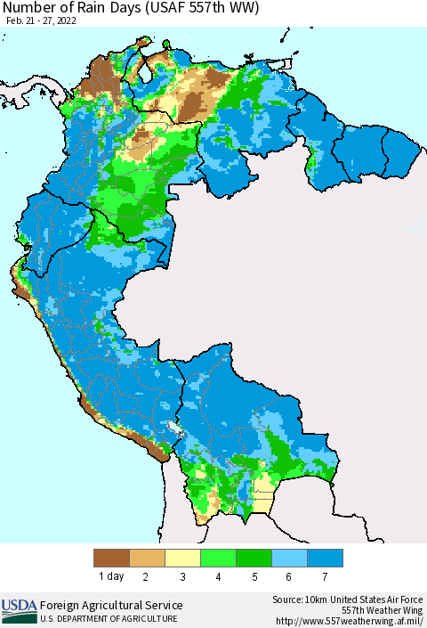 Northern South America Number of Rain Days (USAF 557th WW) Thematic Map For 2/21/2022 - 2/27/2022