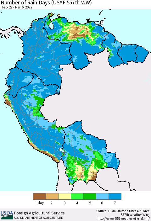 Northern South America Number of Rain Days (USAF 557th WW) Thematic Map For 2/28/2022 - 3/6/2022