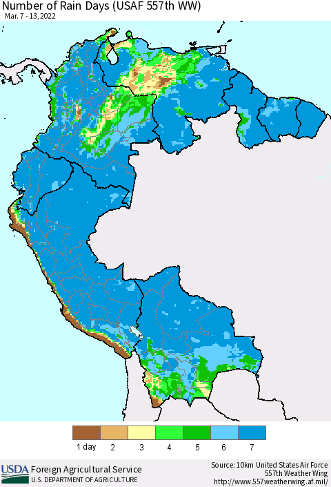 Northern South America Number of Rain Days (USAF 557th WW) Thematic Map For 3/7/2022 - 3/13/2022