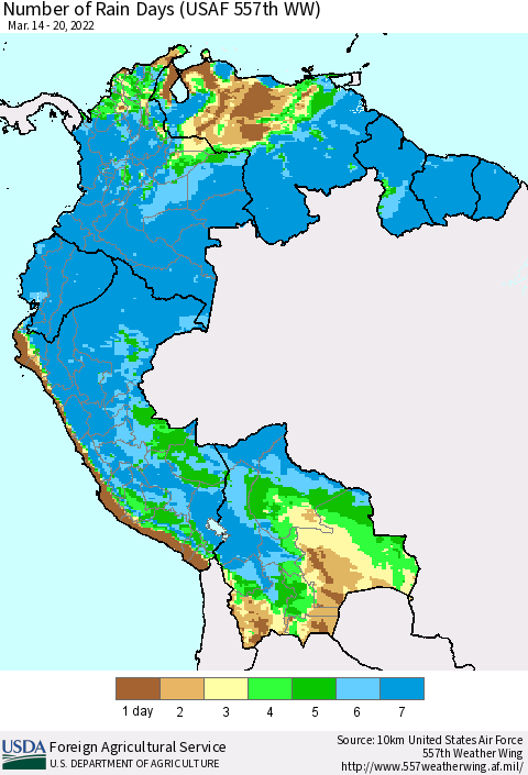 Northern South America Number of Rain Days (USAF 557th WW) Thematic Map For 3/14/2022 - 3/20/2022