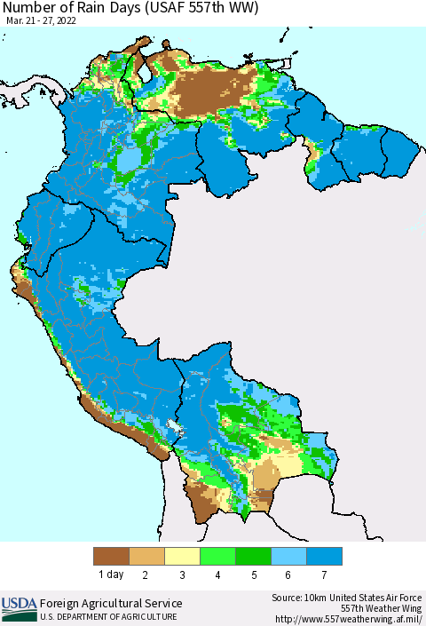 Northern South America Number of Rain Days (USAF 557th WW) Thematic Map For 3/21/2022 - 3/27/2022