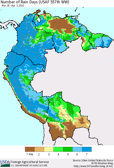 Northern South America Number of Rain Days (USAF 557th WW) Thematic Map For 3/28/2022 - 4/3/2022