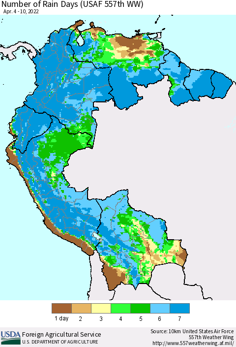 Northern South America Number of Rain Days (USAF 557th WW) Thematic Map For 4/4/2022 - 4/10/2022