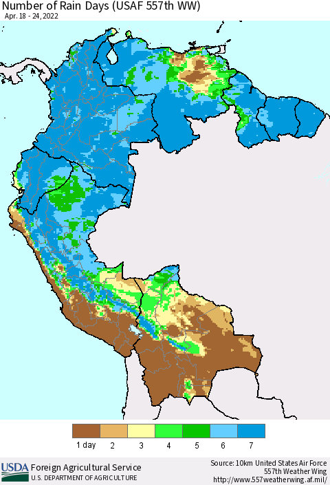 Northern South America Number of Rain Days (USAF 557th WW) Thematic Map For 4/18/2022 - 4/24/2022